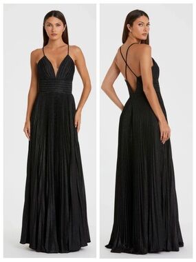 Mac Duggal | 30725 Black Gold Shimmer Pleated V-neck Plunge Maxi Dress | 10 NWT